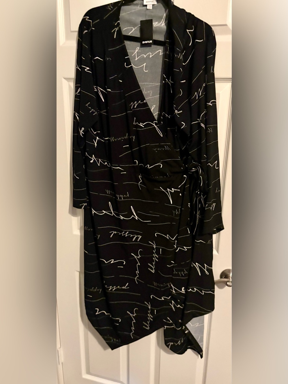 16- NWT Avenue Black Wrap Dress with White Script Detail